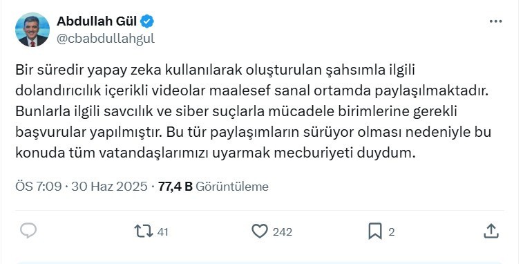 Dolandırıcılar Abdullah Gül'ün ses ve görüntüsünü kullanarak vurgun peşinde! Hemen suç duyurusunda bulunuldu